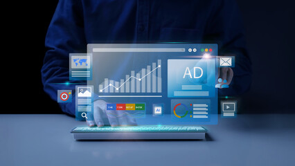 Digital marketing concept, Businessman using laptop with Ads dashboard digital marketing strategy...