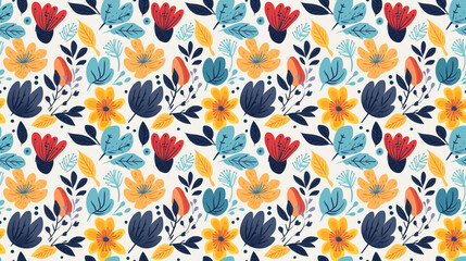 Colorful floral pattern with yellow, red, and blue flowers and leaves on a white background