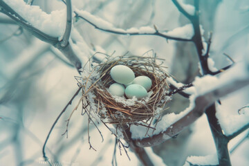 Due to climate change, birds mistakenly build nests and lay eggs during winter, resulting in their nests covered in snow on tree branches.

