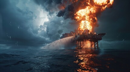 Oil rig explosion in the ocean, highlighting environmental impact and safety, suitable for energy sector or environmental safety ads