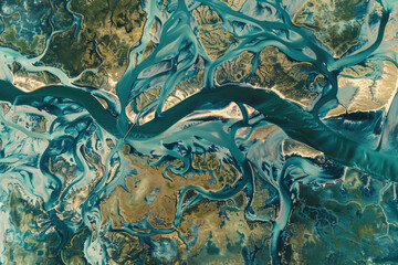 An aerial view of the terrain features created by river erosion, surrounded by lush green vegetation.

