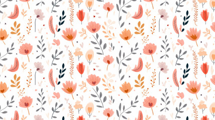 A seamless pattern with cute hand drawn flowers and leaves in pink, orange and grey colors.