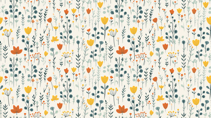 A seamless pattern of various types of flowers and plants in a simple, modern style
