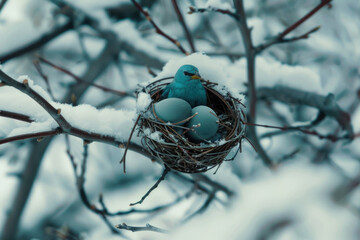 Due to climate change, birds mistakenly build nests and lay eggs during winter, resulting in their nests covered in snow on tree branches.

