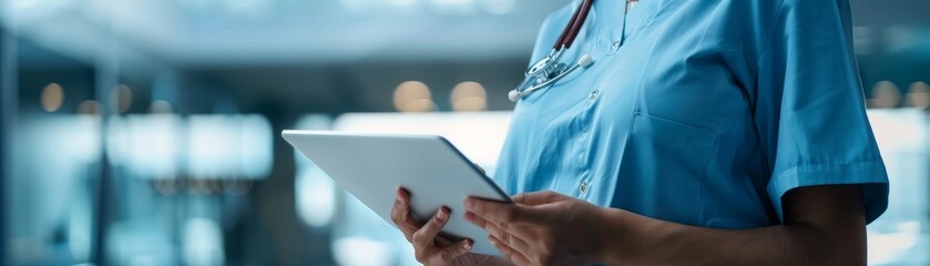 Nurse using a digital tablet to record patient data, modern hospital background, perfect for medical software or technology promotions