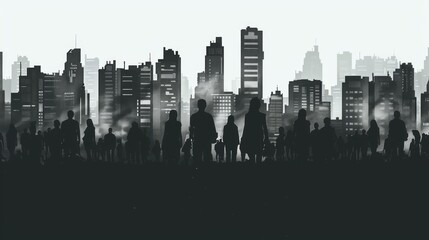 Monochrome cityscape with people wearing black, symbolizing solidarity, perfect for Black Day awareness or cultural event ads