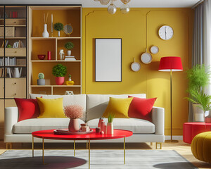 Interior design of living room with red sofa and orange wall.