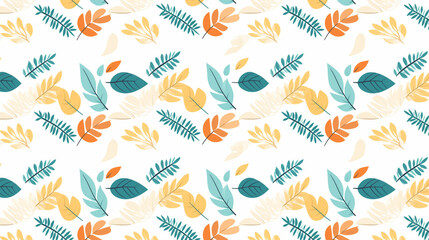 A seamless pattern with colorful leaves on a white background.
