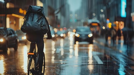 Bike Courier Navigating Rainy Urban Cityscape Carrying Backpack of Food Orders