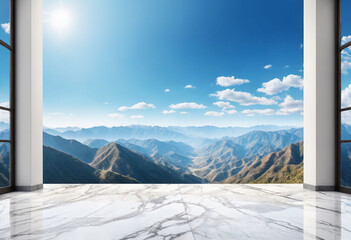 Empty Marble Floor with Panoramic Sky View of Mountain Under Morning Blue Sky