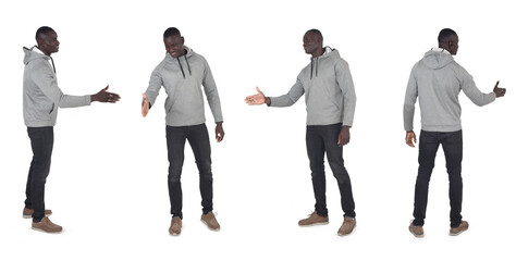 line of a group of same man shaking hands with an imaginary person on white background