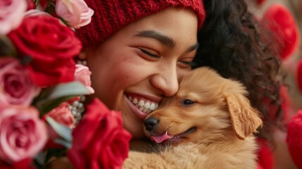 Man surprising woman with a Valentines Day puppy, joyful and touching, suitable for pet store or animal adoption center ads