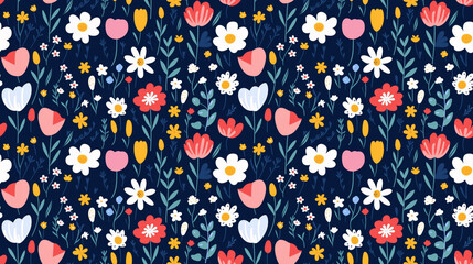 Colorful seamless pattern with hand drawn flowers on dark blue background.