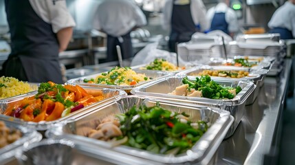 Obraz premium Gourmet Meals Packaged for Convenient Delivery from a Bustling Urban Kitchen
