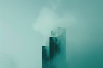 A city skyline on a smoggy day, with skyscrapers shrouded in fog, and low visibility.

