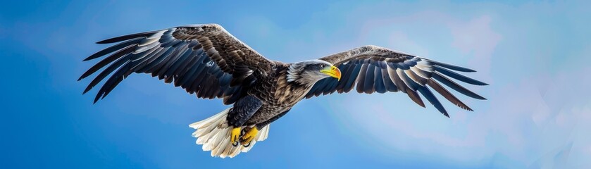 Majestic eagle soaring against a clear blue sky, perfect for outdoor gear or adventure travel advertisements