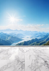 Empty Marble Floor with Panoramic Sky View of Mountain Under Morning Blue Sky