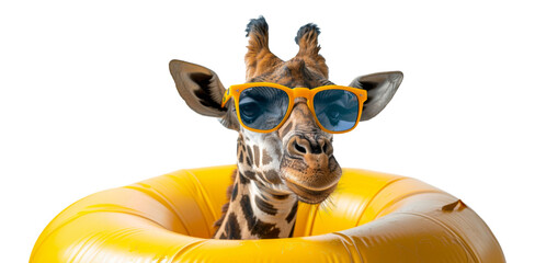 Giraffe with sunglasses on yellow pool float, cut out - stock png.
