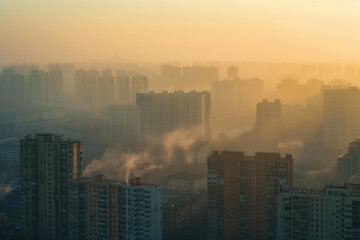 A city skyline on a smoggy day, with skyscrapers shrouded in fog, and low visibility.

