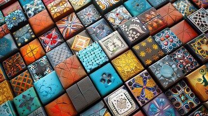 Fototapeta na wymiar A captivating 3D model of a mosaic made of colorful tiles with different patterns, representing the richness of diversity when individual pieces come together ,3D render