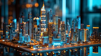 5G smart city model, soft indoor light, eye-level, urban future 