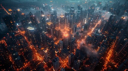 5G infrastructure on urban buildings, dusk lighting, bird's-eye view, network expansion