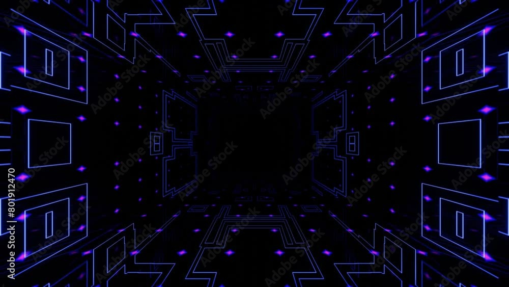 Poster 4k seamless looped animation. fly through mirror symmetrical tunnel with neon pattern, sci fi glow p