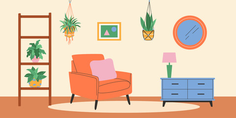 Living room interior design with armchair and macrame plant. Vector illustration.