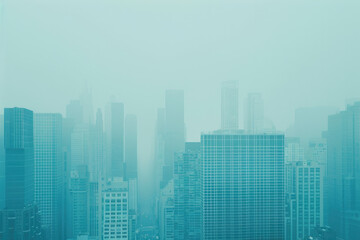 Obraz premium A city skyline on a smoggy day, with skyscrapers shrouded in fog, and low visibility.