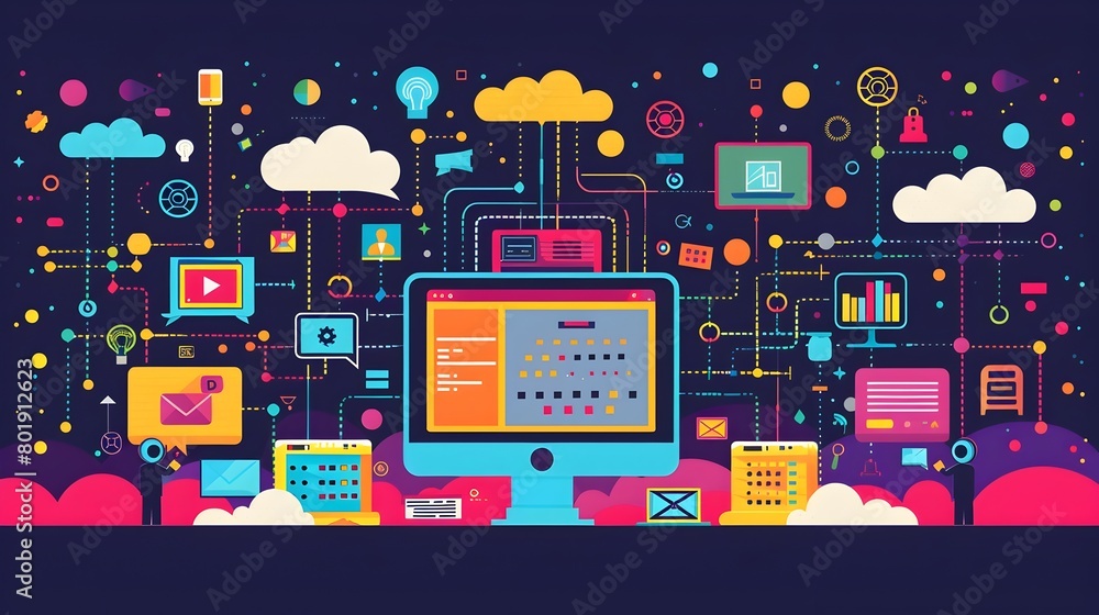 Poster vibrant web hosting setup: a colorful desktop interface for seamless digital interaction