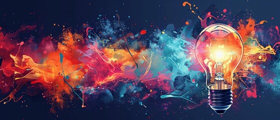 Grungy abstract vector illustration with light bulbs and color bursts. Ideal for website backgrounds, posters, and marketing materials.