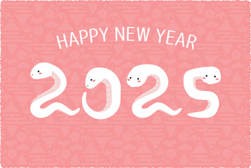 へびが2025のポーズ年賀状　白蛇　背景ピンク