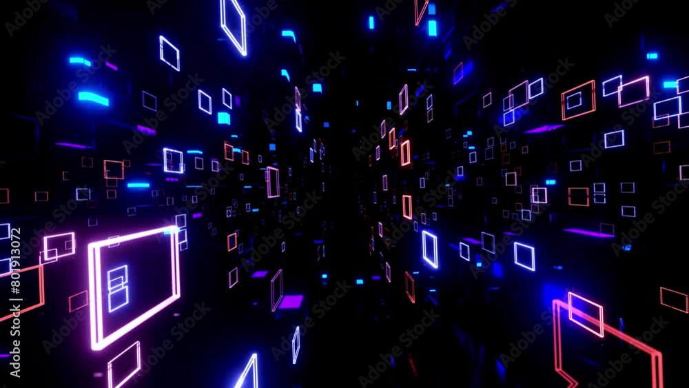 Poster flight through hi-tech technology tunnel with camera shake. neon light, sci-fi constructions, myster