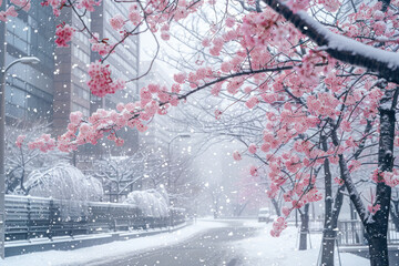 Due to climate change, cherry blossom trees bloom in the snow on the streets of Kyoto, Japan.

