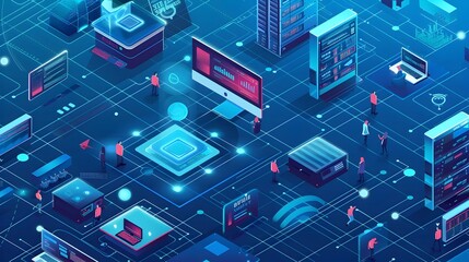 Fototapeta premium Web Hosting Scene: Dynamic Isometric View of Busy Users Interacting with Website Windows and Buttons