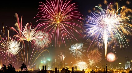 Obraz premium Fireworks exploding over a city skyline, vibrant and colorful, ideal for promoting holiday events or pyrotechnic services