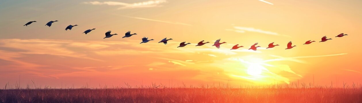 Flock of migratory birds flying in a Vformation at sunset, symbolizing teamwork, great for corporate or teambuilding campaign ads