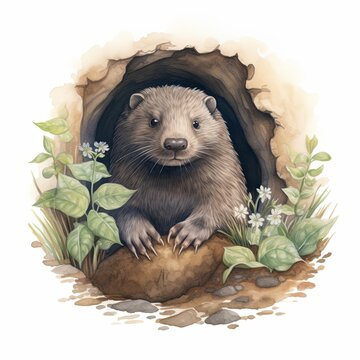 A watercolor painting of a groundhog peeking out of its burrow.