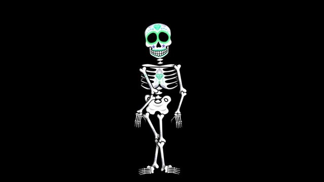 Seamless psychedelic background with Mexican dancing skeleton isolated with alpha channel. Halloween vector style animation with catrina illustration 
