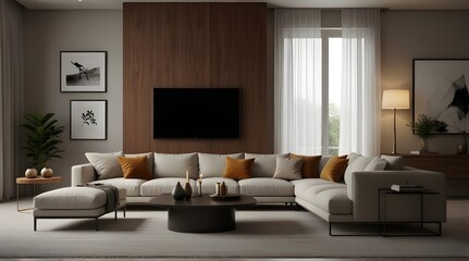 Scandinavian farmhouse style beige living room interior with natural wooden furniture. Mock up wall background. 3d render illustration.Mock up frame in children room with natural wooden furniture, 3D 