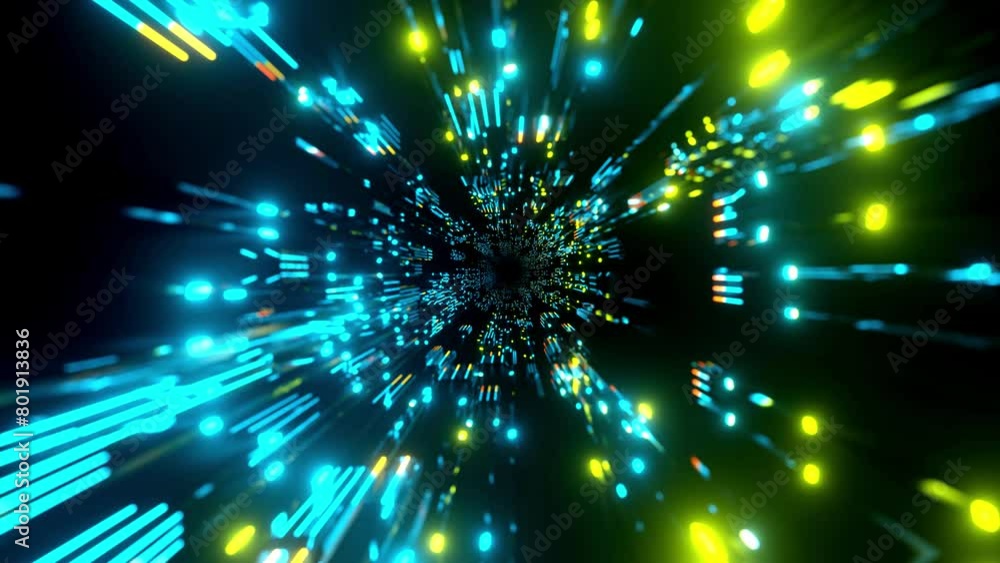 Poster flight through hi-tech technology tunnel with camera shake. neon light in mirror room, sci-fi constr