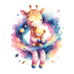 Naklejka premium A gentle giraffe in pajamas lovingly embraces a teddy bear amidst a swirling galaxy of stars and planets. Whimsical watercolor illustration perfect for children's designs. 