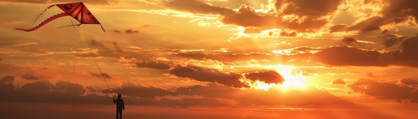 Obraz premium Dramatic sunset with silhouette of a person flying a large dragon kite, ideal for cultural festival or event advertisements