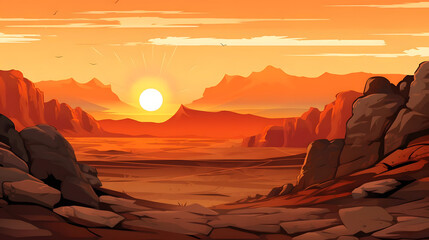 Sunrise Solitude, Quiet Morning on Canyon Edge, Sunlight Glistening on Rocks, Realistic Canyon Landscape. Vector Background