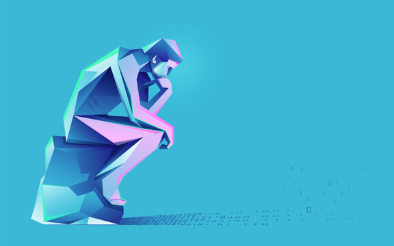 concept of deep learning or machine learning, graphic of thinker with binary shadow