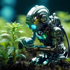 A robot man planting a hemp plant