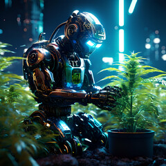 A robot man planting a hemp plant