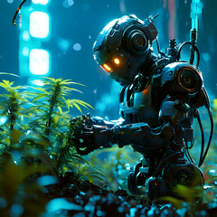 A robot man planting a hemp plant