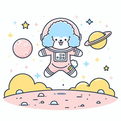 A cute cartoon dog in a spacesuit is jumping on the moon.