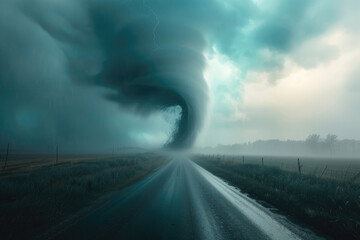 A tornado at the end of a rural dirt road.

